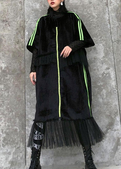 Unique Black Clothes O Neck Patchwork Tulle Maxi Dress