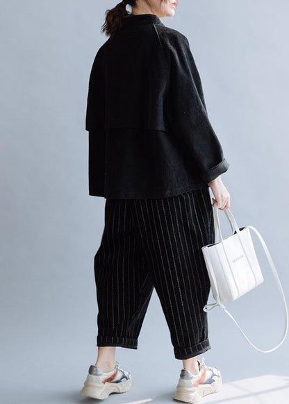 Unique Black Cotton Coat Stand Collar Pockets Cotton Fall Shirts
