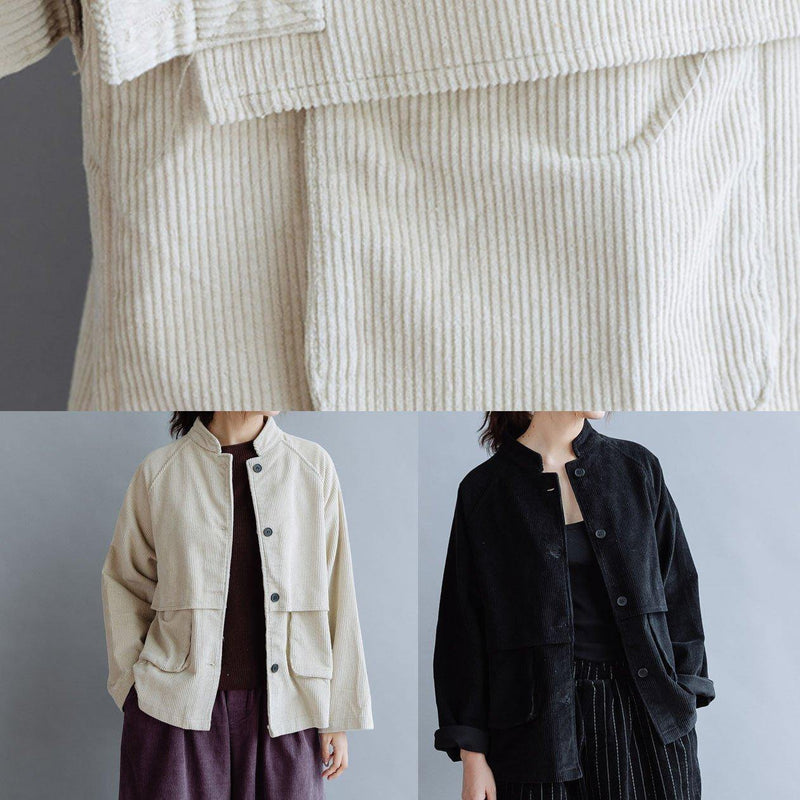 Unique Black Cotton Coat Stand Collar Pockets Cotton Fall Shirts