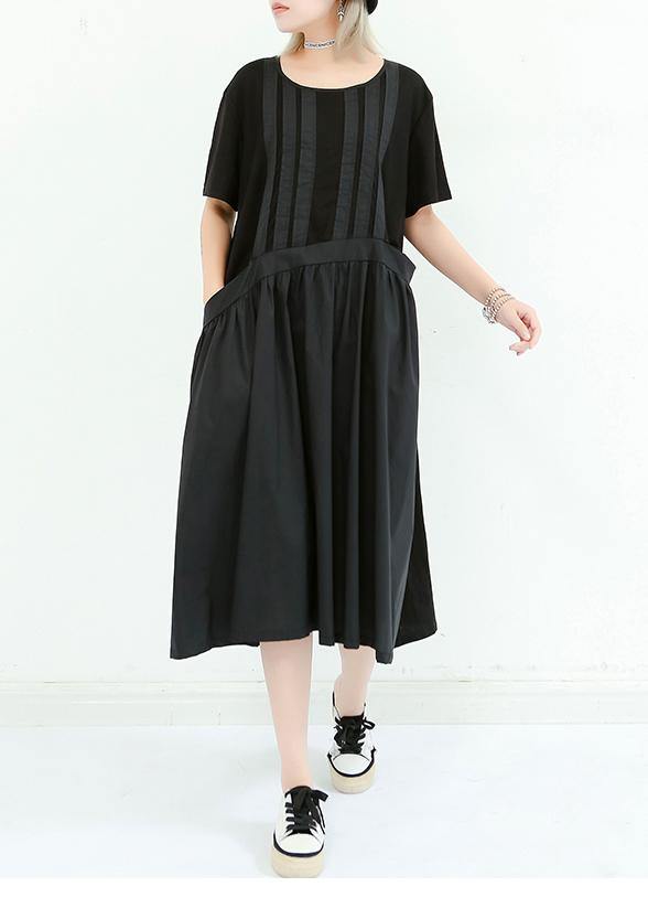 Unique Black Cotton Dresses O Neck Patchwork Cotton Summer Dress