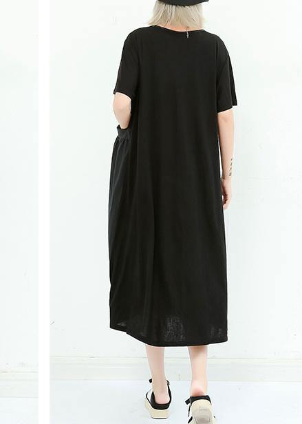Unique Black Cotton Dresses O Neck Patchwork Cotton Summer Dress