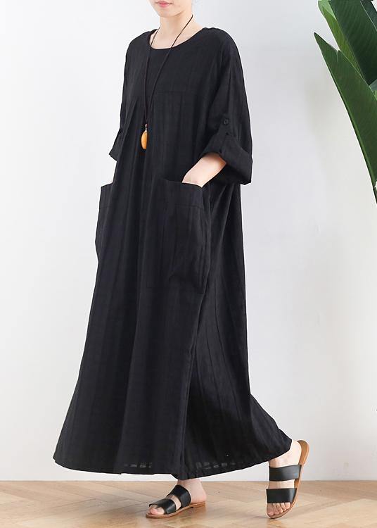 Unique Black Cotton Quilting Dresses O Neck Batwing Sleeve a Line Summer Dress