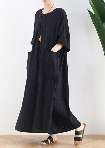 Unique Black Cotton Quilting Dresses O Neck Batwing Sleeve a Line Summer Dress