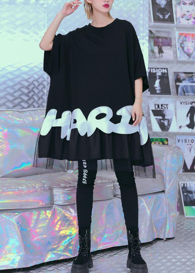 Unique Black Cotton Tunic Pattern Gray Alphabet Prints Baggy Summer Tops