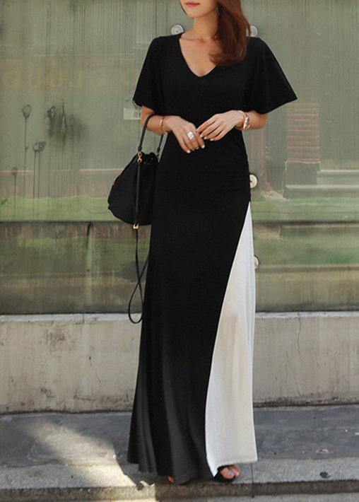 Unique Black Cotton Tunic Top V Neck Patchwork Art Summer Dresses