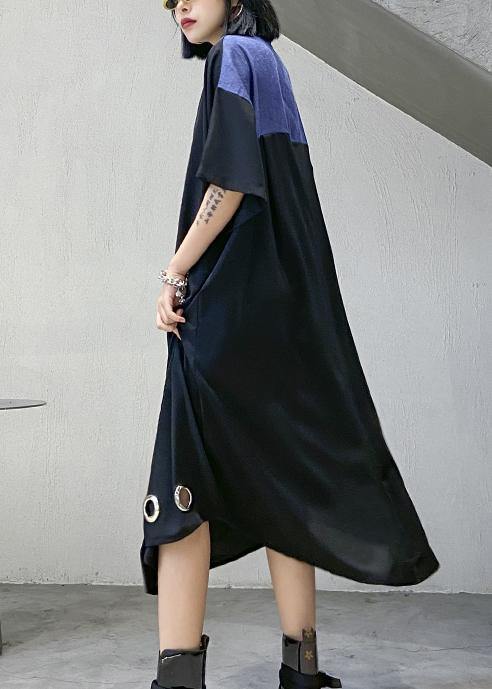 Unique Black Cotton Tunics for Lapel Patchwork Maxi Dress