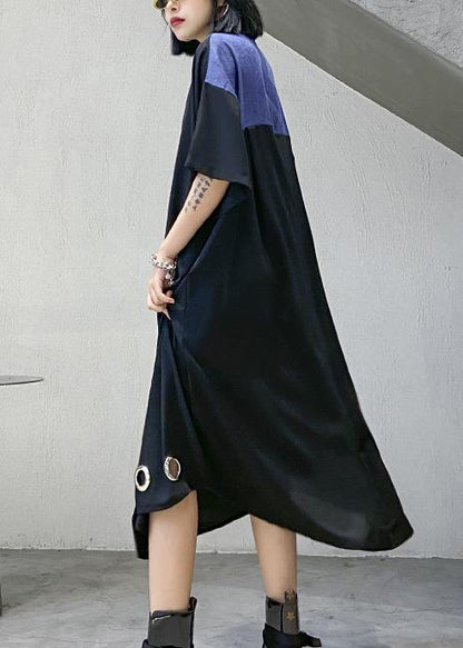 Unique Black Cotton Tunics for Lapel Patchwork Maxi Dress