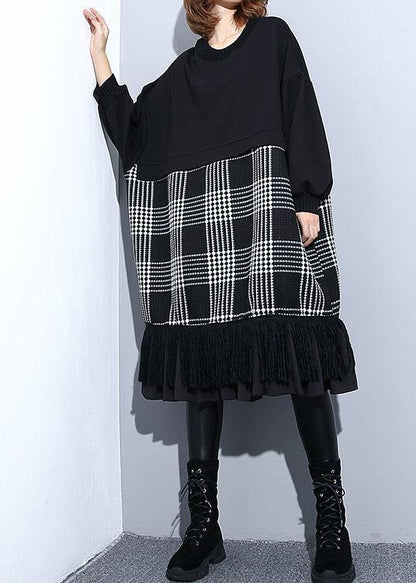 Unique Black Patchwork Cotton Long Shirts Tassel a Line Fall Dresses
