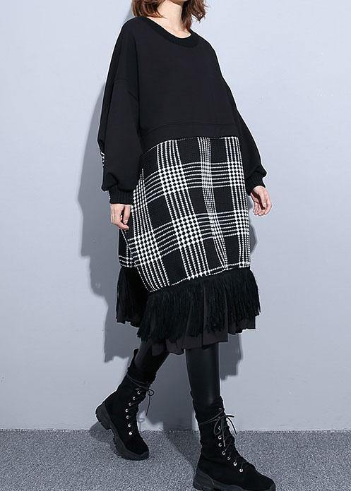 Unique Black Patchwork Cotton Long Shirts Tassel a Line Fall Dresses