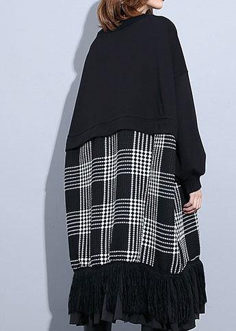 Unique Black Patchwork Cotton Long Shirts Tassel a Line Fall Dresses