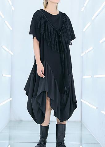 Unique Black Patchwork Cotton Tunics Half Sleeve Cotton Summer Dresses