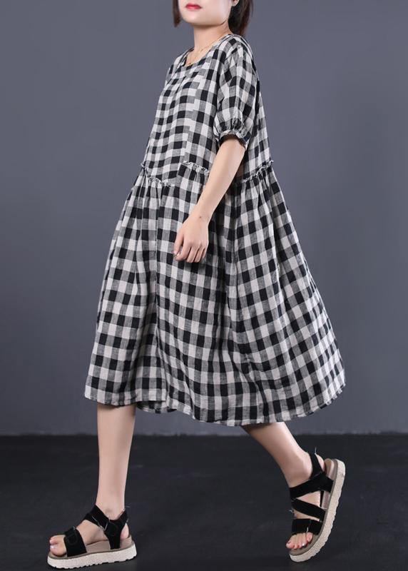 Unique Black Plaid Cotton Tunics Ruffles Patchwork Summer Dresses