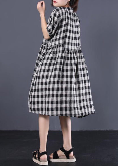 Unique Black Plaid Cotton Tunics Ruffles Patchwork Summer Dresses