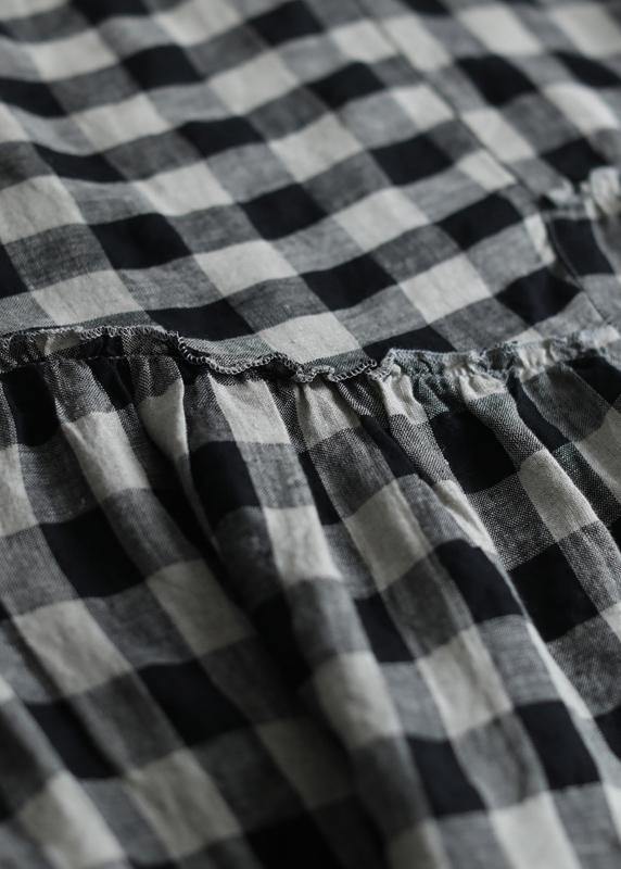 Unique Black Plaid Cotton Tunics Ruffles Patchwork Summer Dresses