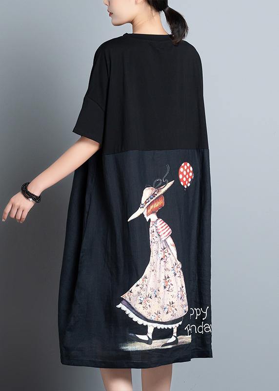 Unique Black Print Dress O Neck Patchwork a Line Summer Dresses