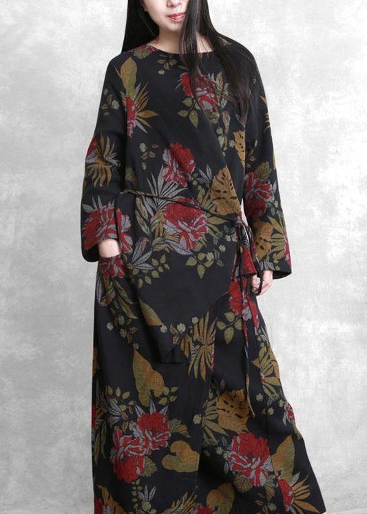 Unique Black Print Tunics for O Neck Asymmetric Dresses