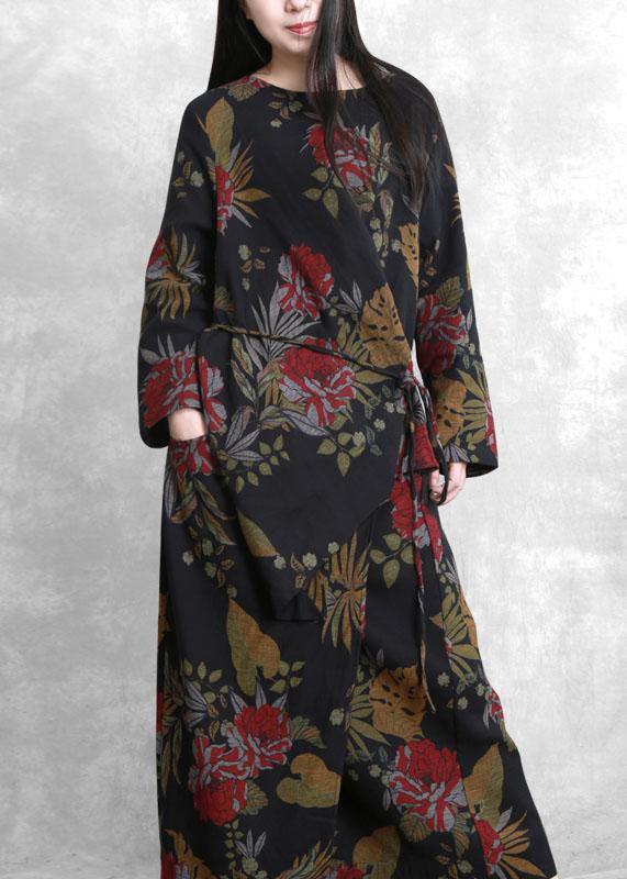 Unique Black Print Tunics for O Neck Asymmetric Dresses