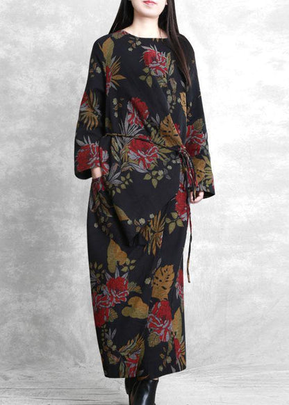 Unique Black Print Tunics for O Neck Asymmetric Dresses