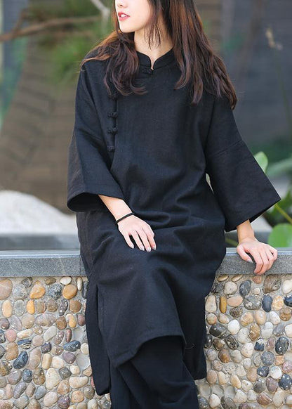Unique Black Tunic Pattern Stand Collar Half Sleeve Art Dress