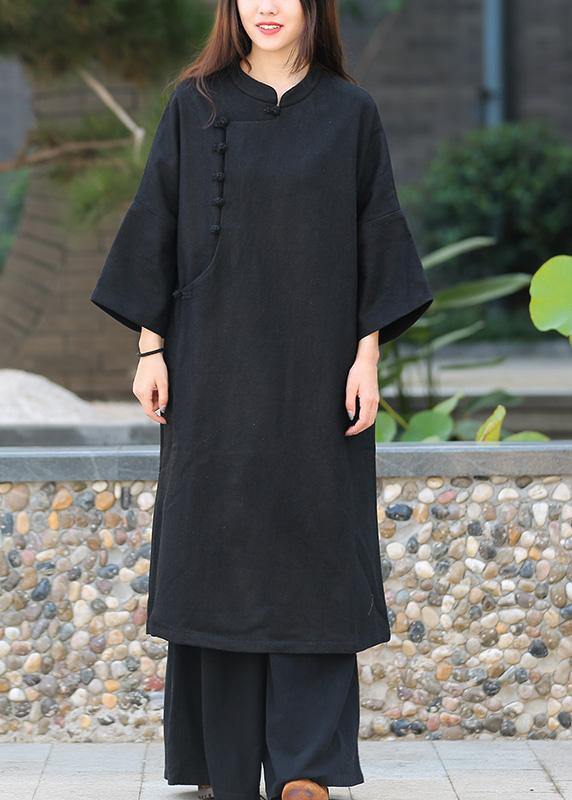 Unique Black Tunic Pattern Stand Collar Half Sleeve Art Dress