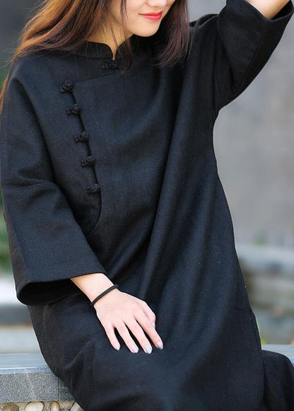 Unique Black Tunic Pattern Stand Collar Half Sleeve Art Dress