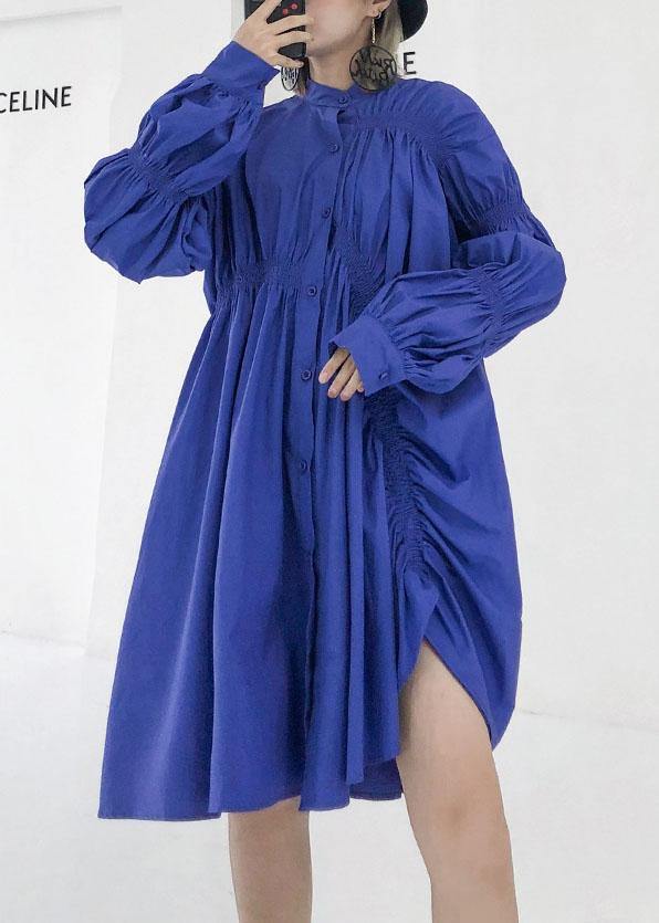 Unique Blue Cotton Clothes Cinched Short Fall Shirt Dress