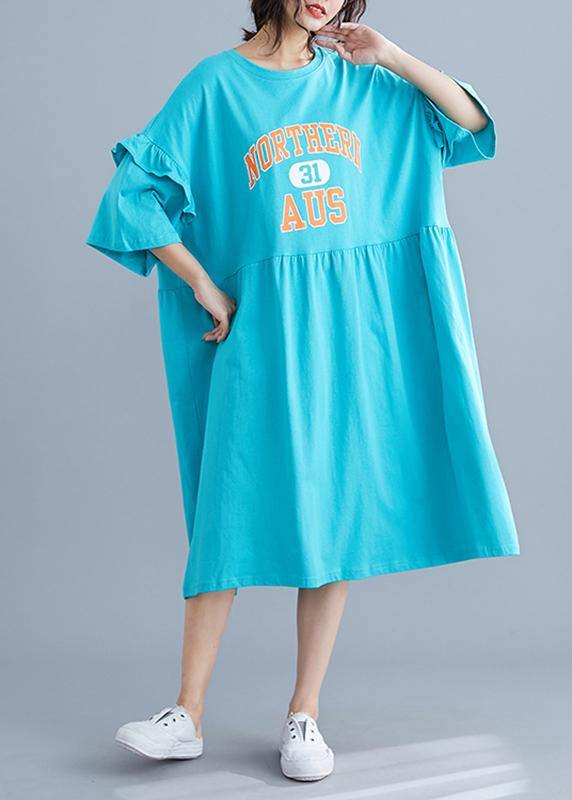 Unique Blue Alphabet Prints Cotton Long Shirts Ruffles Sleeve Maxi Summer Dresses