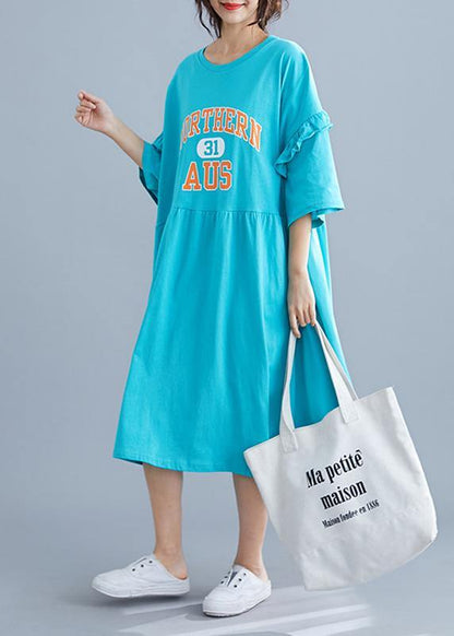 Unique Blue Alphabet Prints Cotton Long Shirts Ruffles Sleeve Maxi Summer Dresses