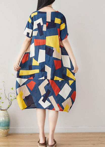 Unique Blue Asymmetric Plaid Cotton Dresses Short Sleeve Art Summer Dress