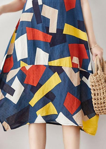 Unique Blue Asymmetric Plaid Cotton Dresses Short Sleeve Art Summer Dress