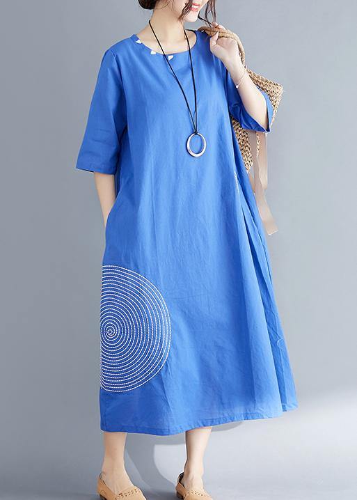 Unique Blue Cotton Tunics for Fine Outfits O Neck Embroidery a Line Summer Dresses