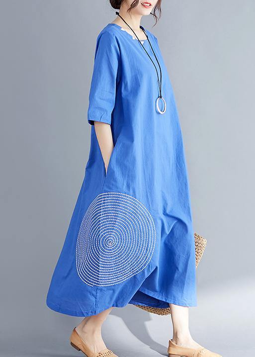 Unique Blue Cotton Tunics for Fine Outfits O Neck Embroidery a Line Summer Dresses