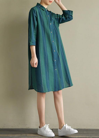 Unique Blue Green Striped Cotton Dresses Lapel Side Open Summer Dress