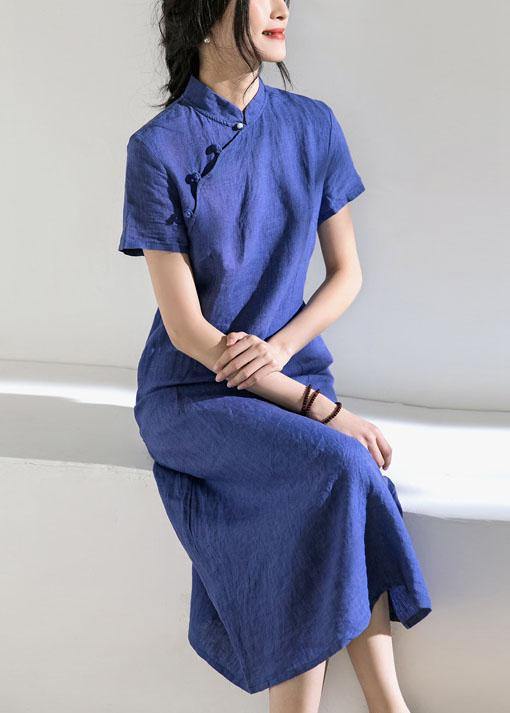 Unique Blue Linen Robes Stand Collar Robe Summer Dresses