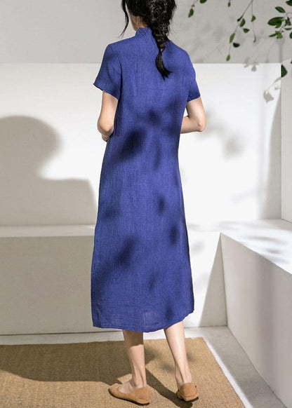 Unique Blue Linen Robes Stand Collar Robe Summer Dresses