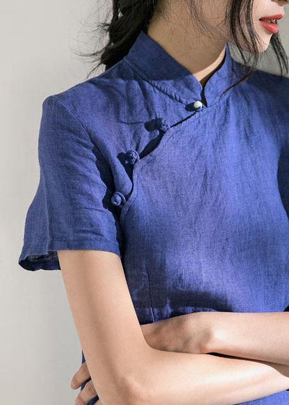 Unique Blue Linen Robes Stand Collar Robe Summer Dresses
