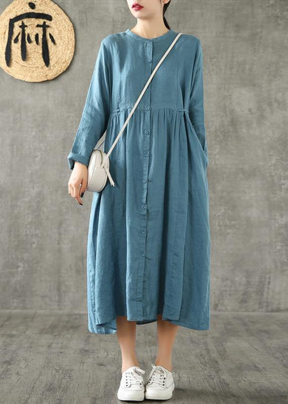 Unique Blue Linen Clothes for Cinched Pockets Spring Dresses