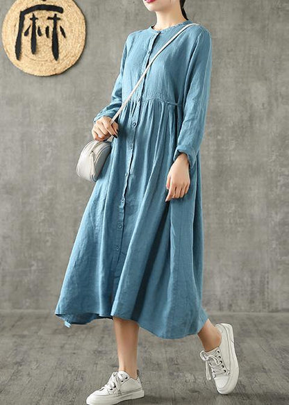 Unique Blue Linen Clothes for Cinched Pockets Spring Dresses