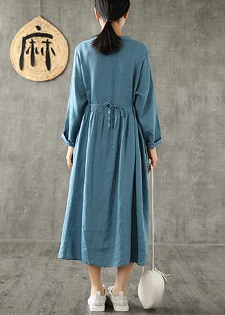 Unique Blue Linen Clothes for Cinched Pockets Spring Dresses