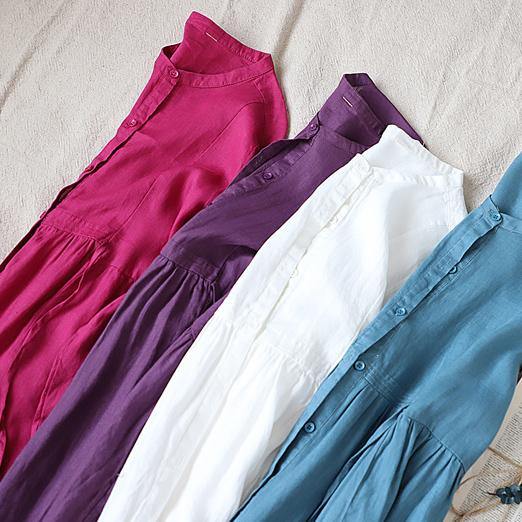 Unique Blue Linen Clothes for Cinched Pockets Spring Dresses