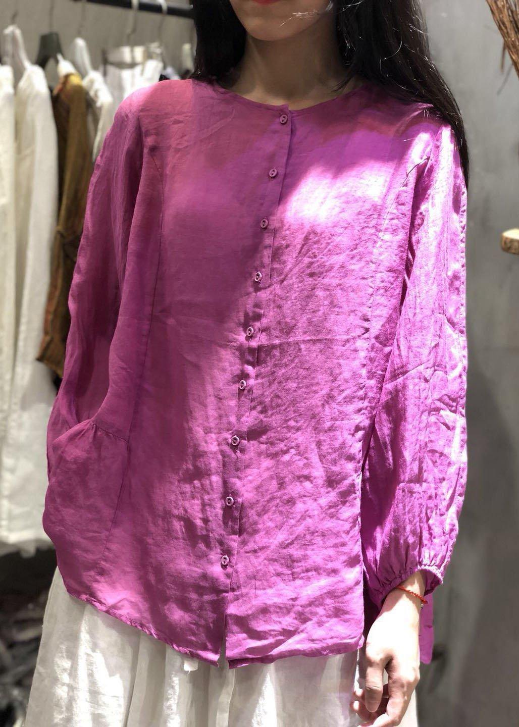 Unique blue linen clothes long sleeve baggy fall blouse