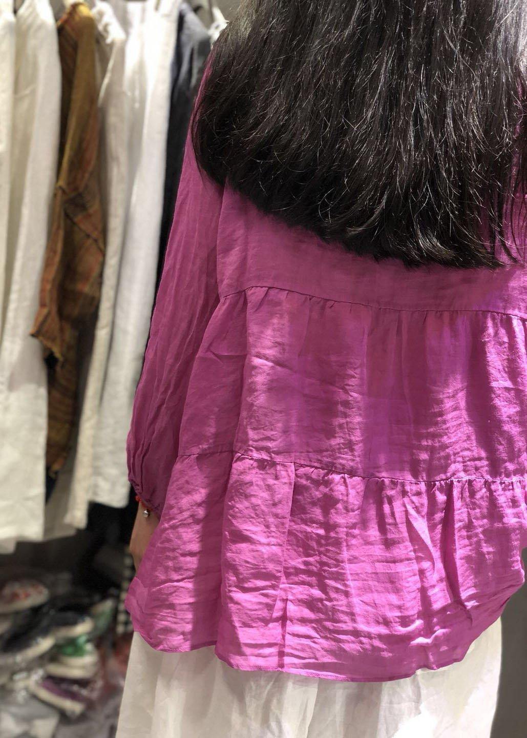 Unique blue linen clothes long sleeve baggy fall blouse