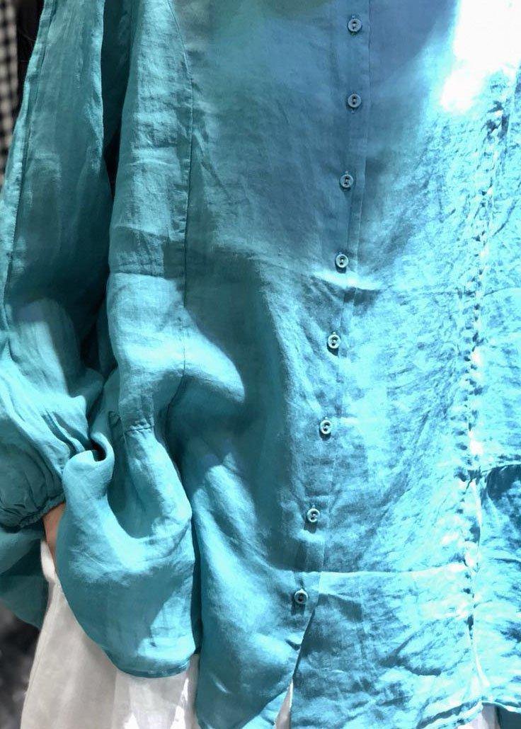 Unique Blue Linen Clothes Long Sleeve Baggy Fall Blouse