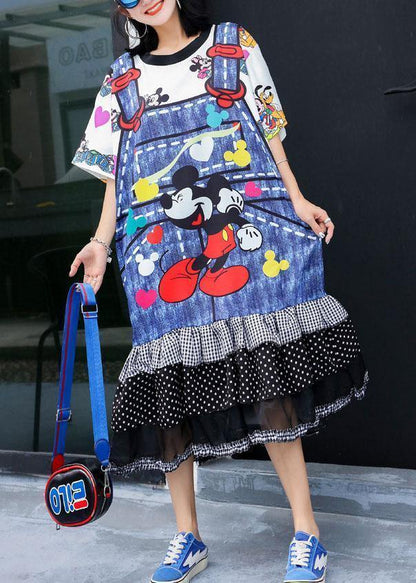 Unique Blue Prints Cotton Tunic Dress Ruffles Hem Daily Summer Dresses