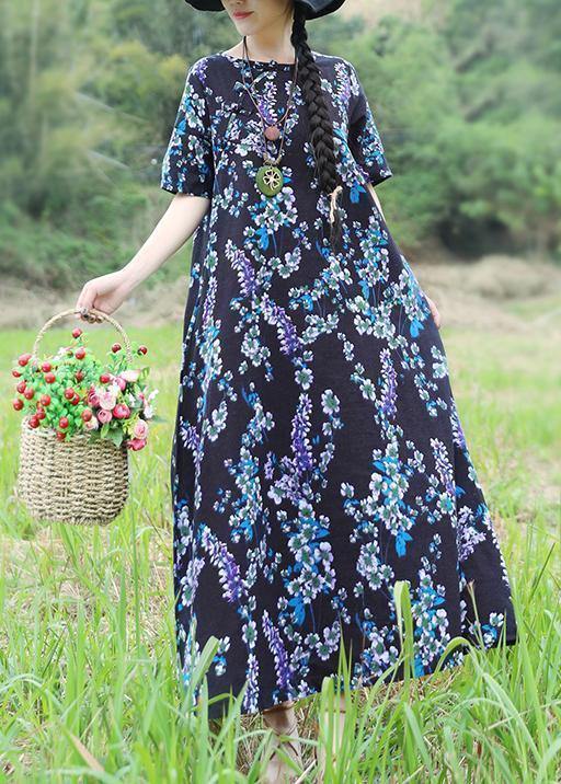 Unique Blue Prints Cotton Tunic Top Design Loose Waist Loose Summer Dress