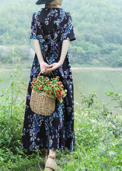 Unique Blue Prints Cotton Tunic Top Design Loose Waist Loose Summer Dress