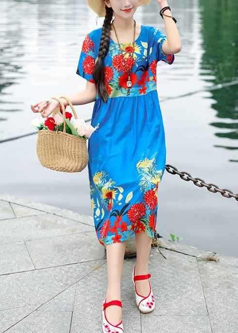 Unique Blue Short Sleeve Cotton Tunics Print Maxi Summer Dresses