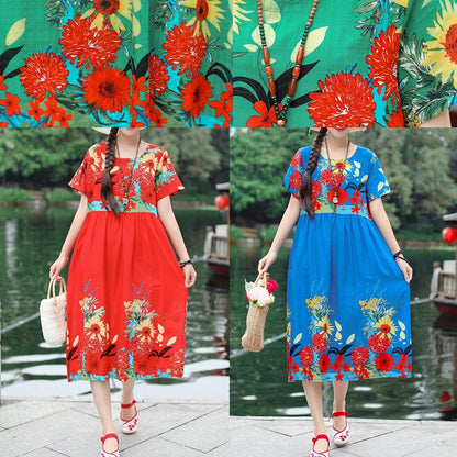 Unique Blue Short Sleeve Cotton Tunics Print Maxi Summer Dresses