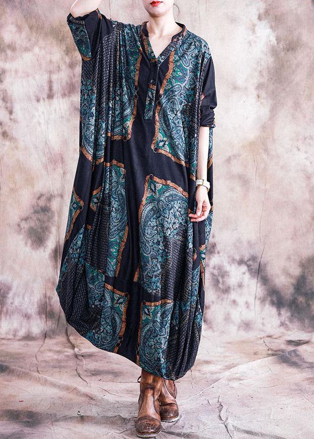 Unique Blue Striped Clothes V Neck Batwing Sleeve Maxi Fall Dress