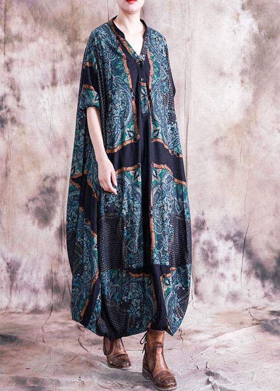 Unique Blue Striped Clothes V Neck Batwing Sleeve Maxi Fall Dress